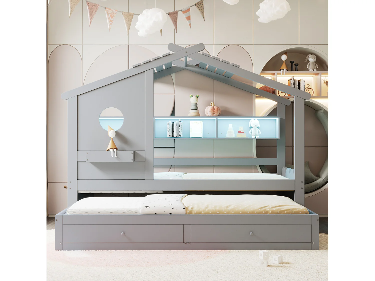 Lit enfant 90x200 cm avec lit gigogne 90x190 cm, 2 tiroirs et LED, en bois, gris, sans matelas