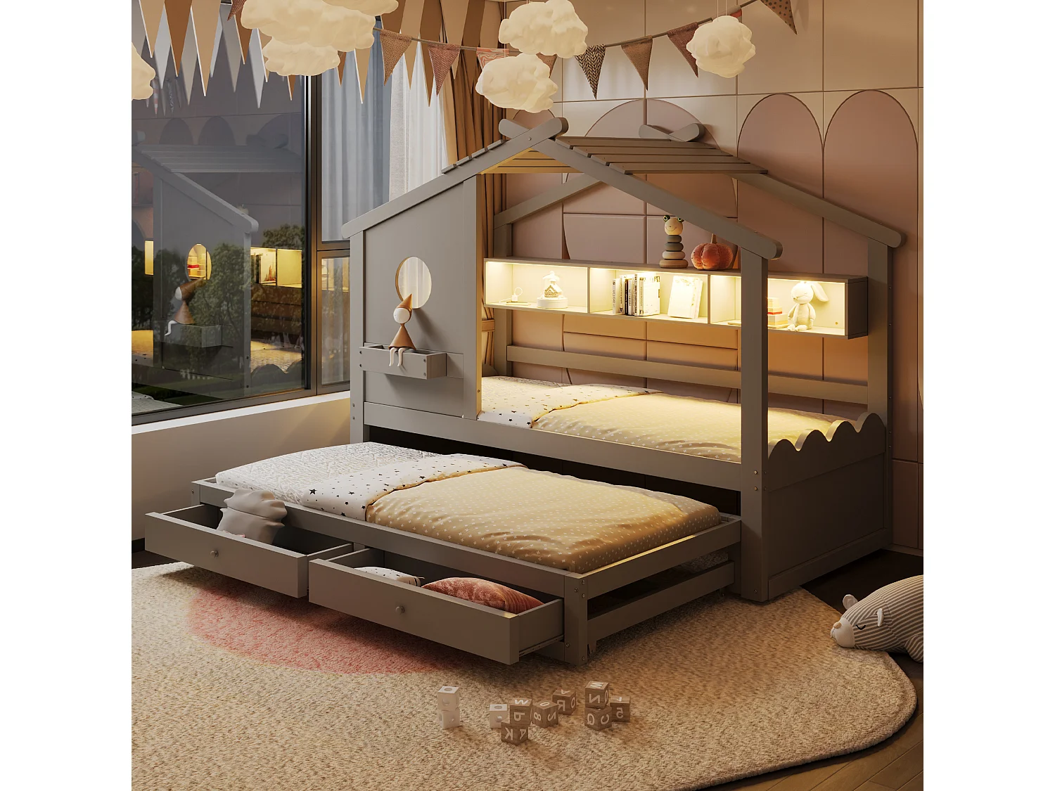 Lit enfant 90x200 cm avec lit gigogne 90x190 cm, 2 tiroirs et LED, en bois, gris, sans matelas