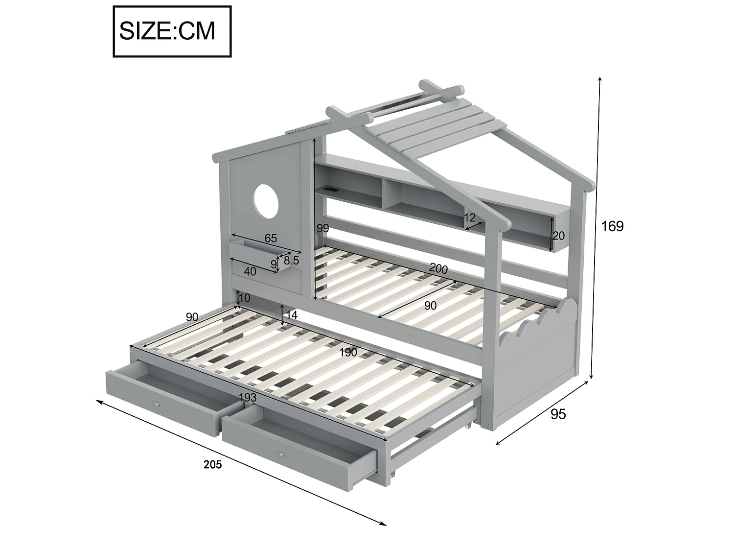 Lit enfant 90x200 cm avec lit gigogne 90x190 cm, 2 tiroirs et LED, en bois, gris, sans matelas