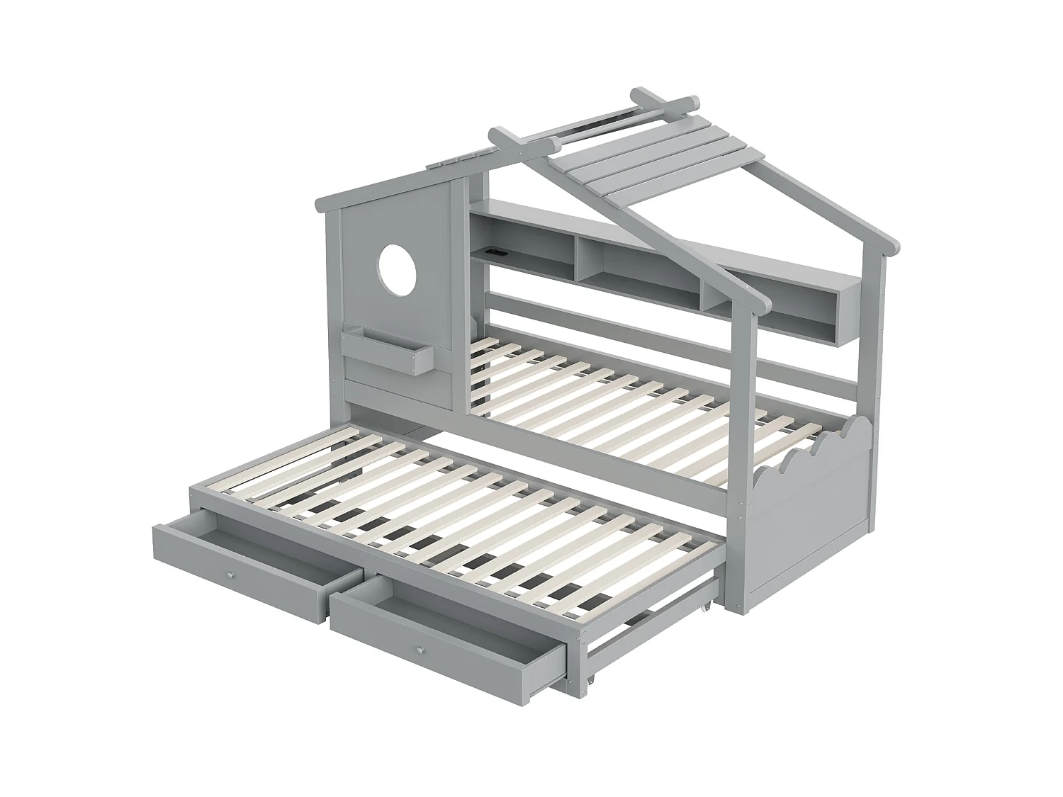 Lit enfant 90x200 cm avec lit gigogne 90x190 cm, 2 tiroirs et LED, en bois, gris, sans matelas