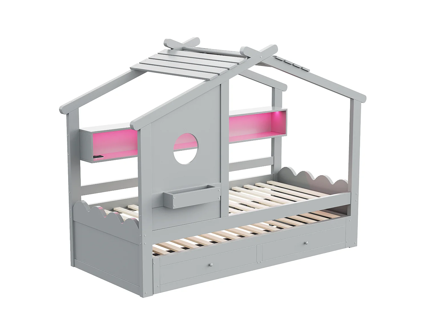Lit enfant 90x200 cm avec lit gigogne 90x190 cm, 2 tiroirs et LED, en bois, gris, sans matelas