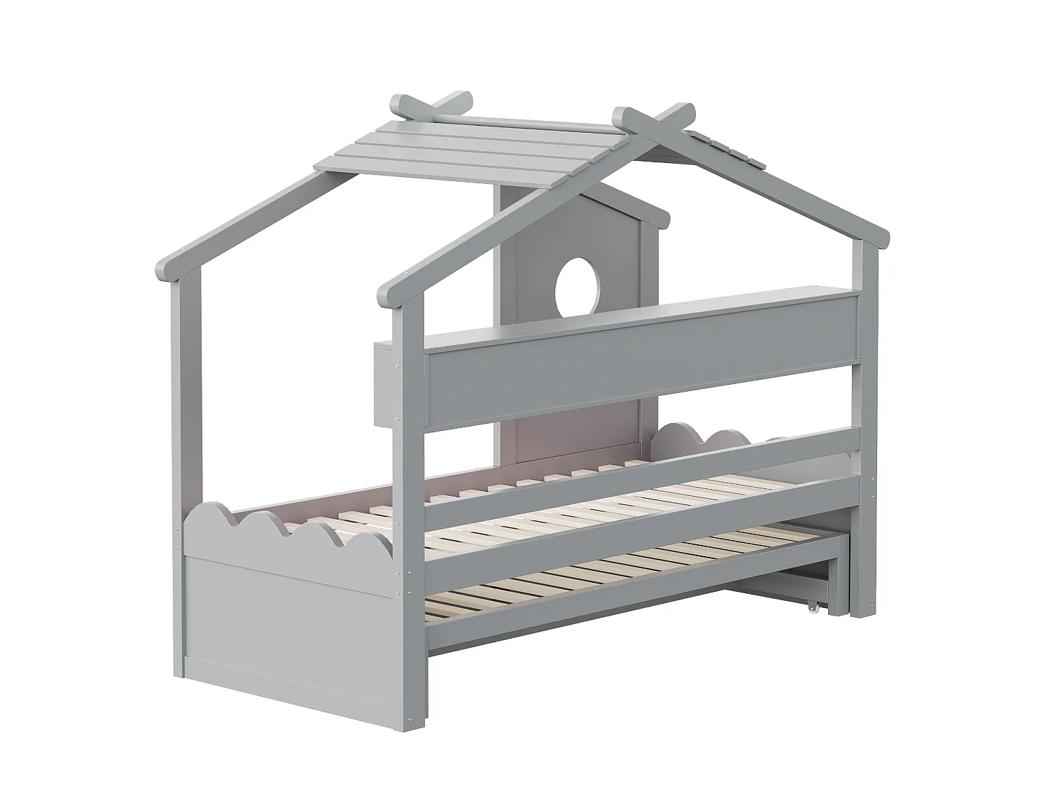 Lit enfant 90x200 cm avec lit gigogne 90x190 cm, 2 tiroirs et LED, en bois, gris, sans matelas