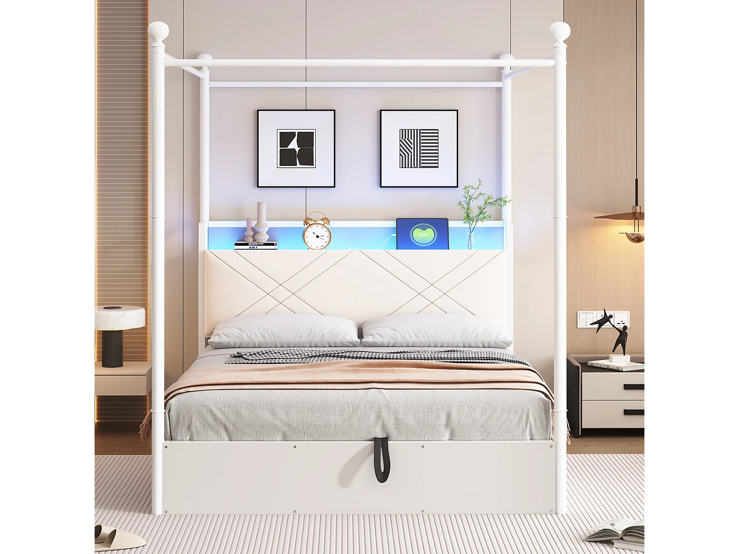 Lit coffre 140x190 cm avec rangement hydraulique, LED et ports USB et Type-C, en métal, blanc, sans matelas