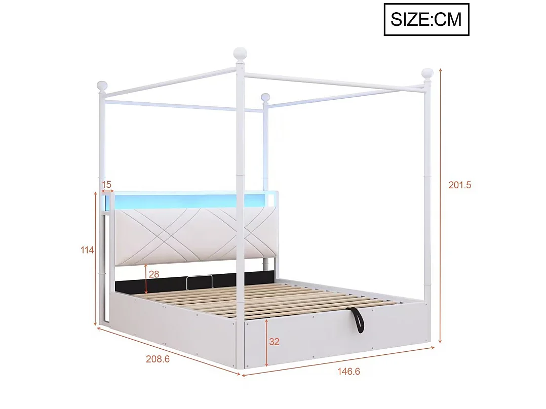 Lit coffre 140x190 cm avec rangement hydraulique, LED et ports USB et Type-C, en métal, blanc, sans matelas