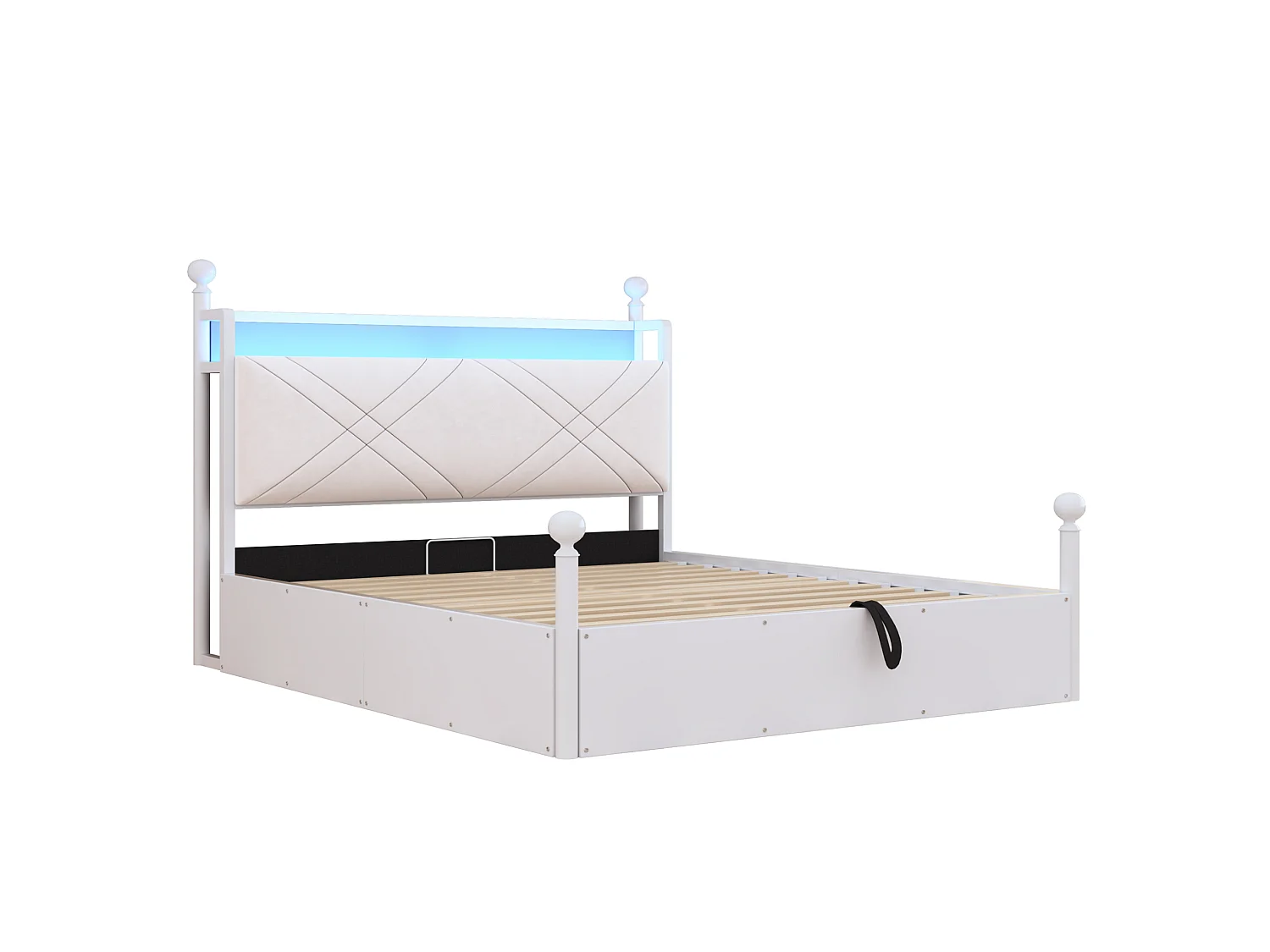 Lit coffre 140x190 cm avec rangement hydraulique, LED et ports USB et Type-C, en métal, blanc, sans matelas