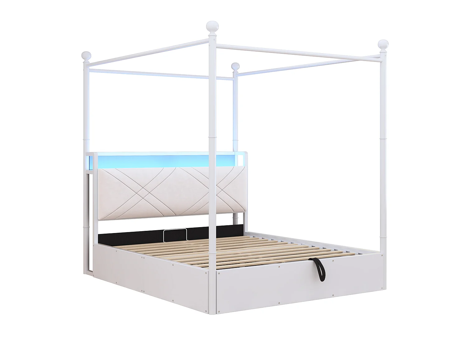 Lit coffre 140x190 cm avec rangement hydraulique, LED et ports USB et Type-C, en métal, blanc, sans matelas