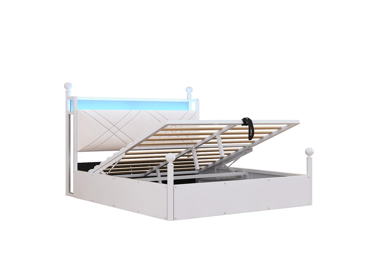 Lit coffre 140x190 cm avec rangement hydraulique, LED et ports USB et Type-C, en métal, blanc, sans matelas