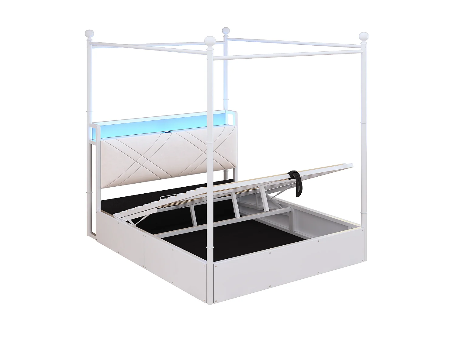 Lit coffre 140x190 cm avec rangement hydraulique, LED et ports USB et Type-C, en métal, blanc, sans matelas