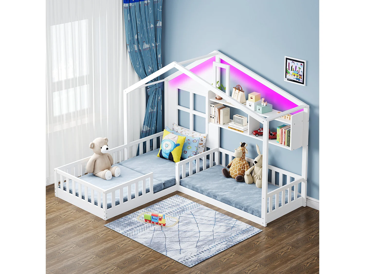 Lit cabane pour enfant 90x200 cm avec LED, étagères et garde-corps de sécurité, en bois, blanc, sans matelas