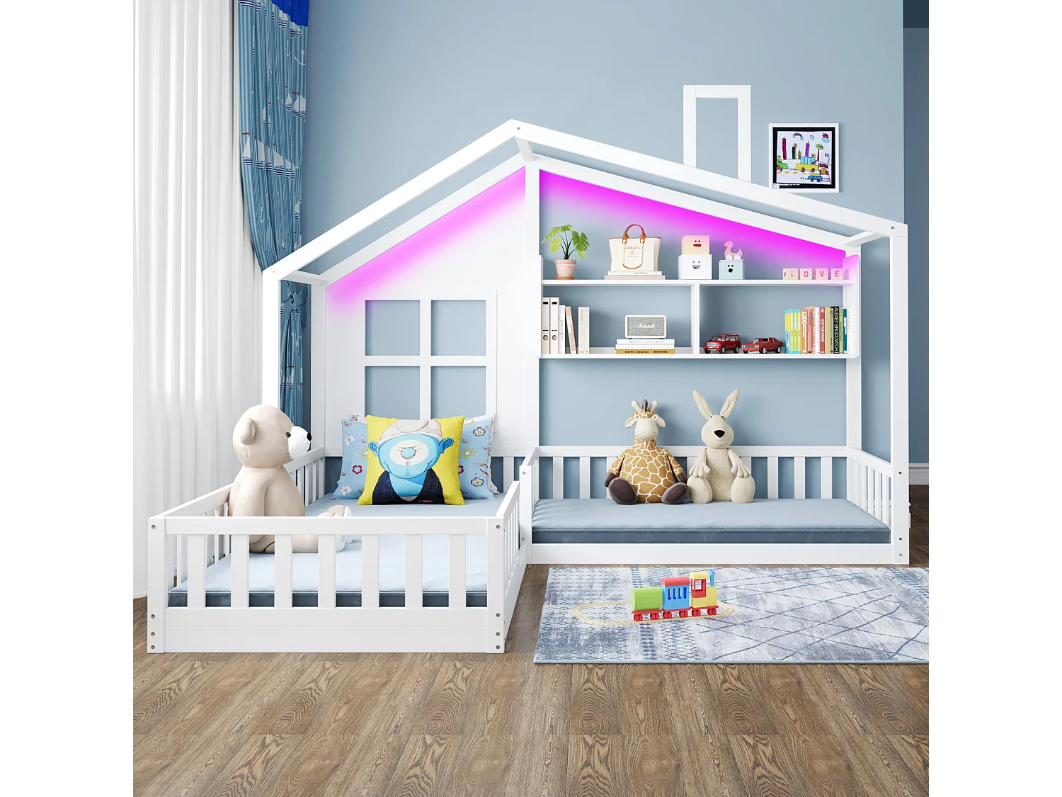 Lit cabane pour enfant 90x200 cm avec LED, étagères et garde-corps de sécurité, en bois, blanc, sans matelas
