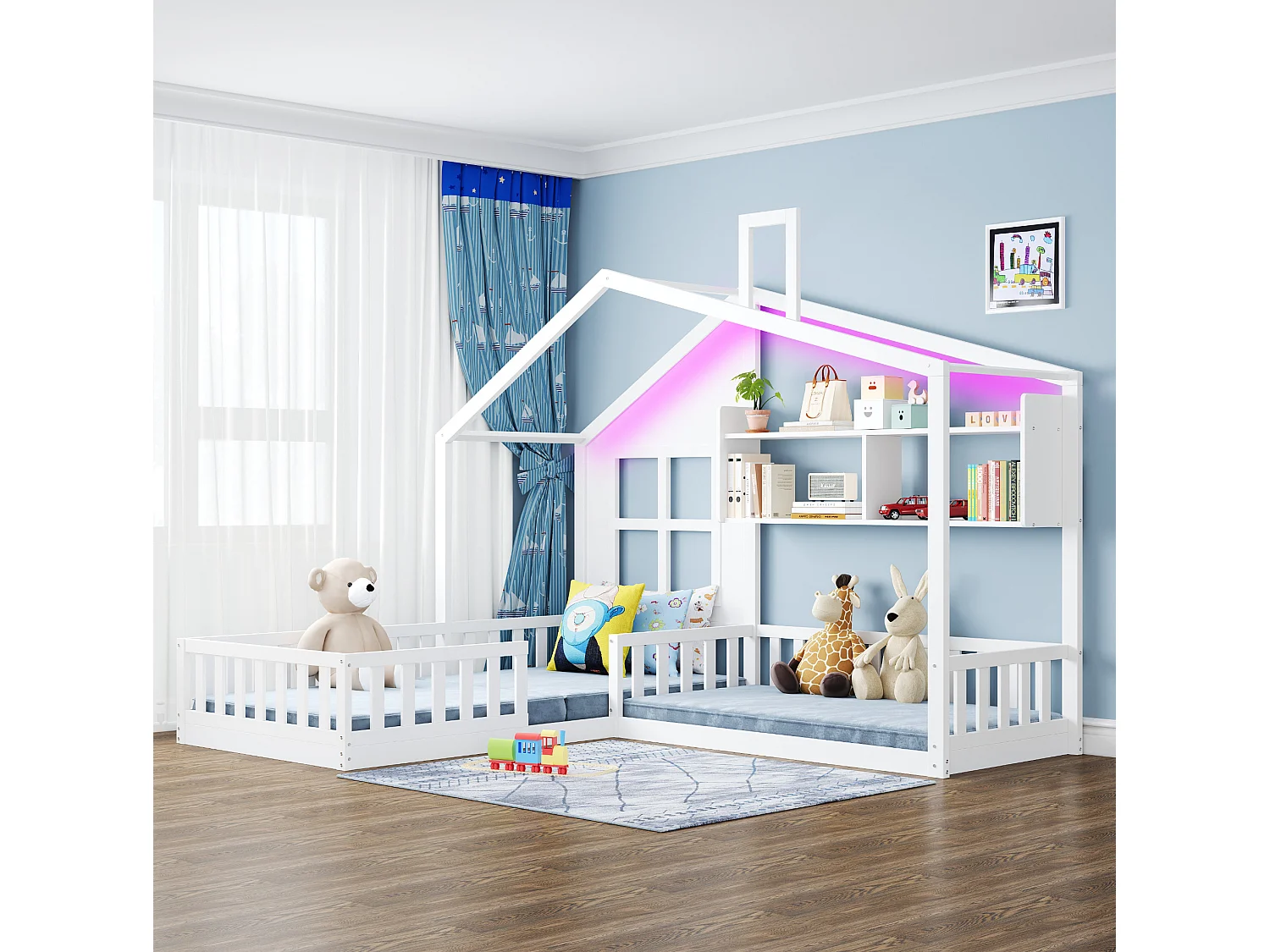 Lit cabane pour enfant 90x200 cm avec LED, étagères et garde-corps de sécurité, en bois, blanc, sans matelas