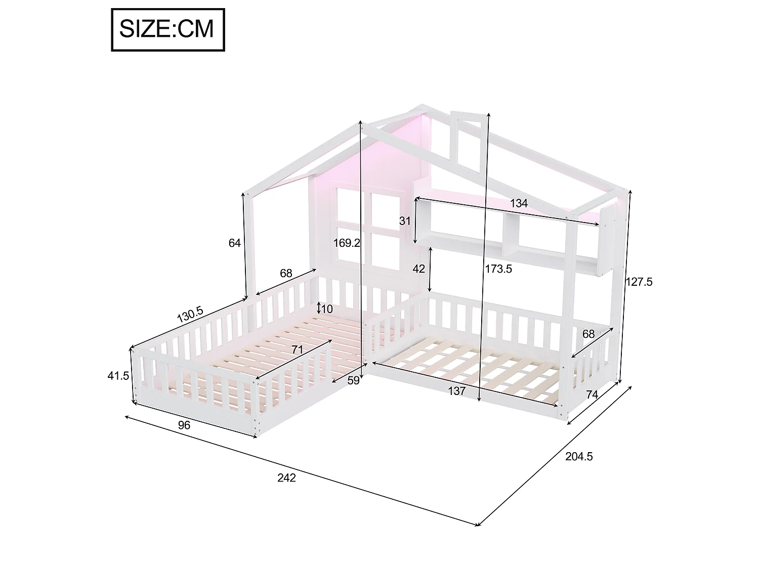 Lit cabane pour enfant 90x200 cm avec LED, étagères et garde-corps de sécurité, en bois, blanc, sans matelas