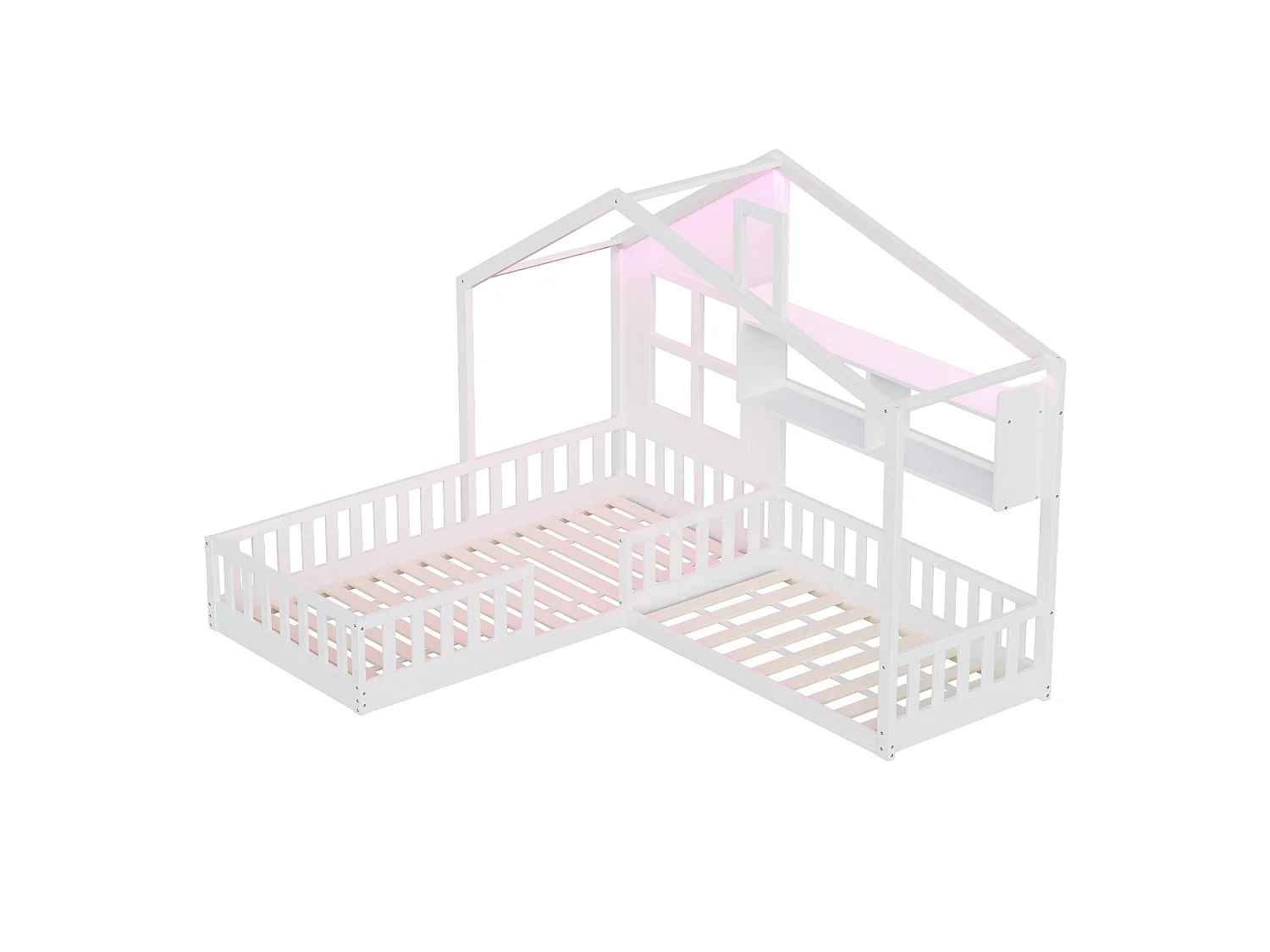 Lit cabane pour enfant 90x200 cm avec LED, étagères et garde-corps de sécurité, en bois, blanc, sans matelas