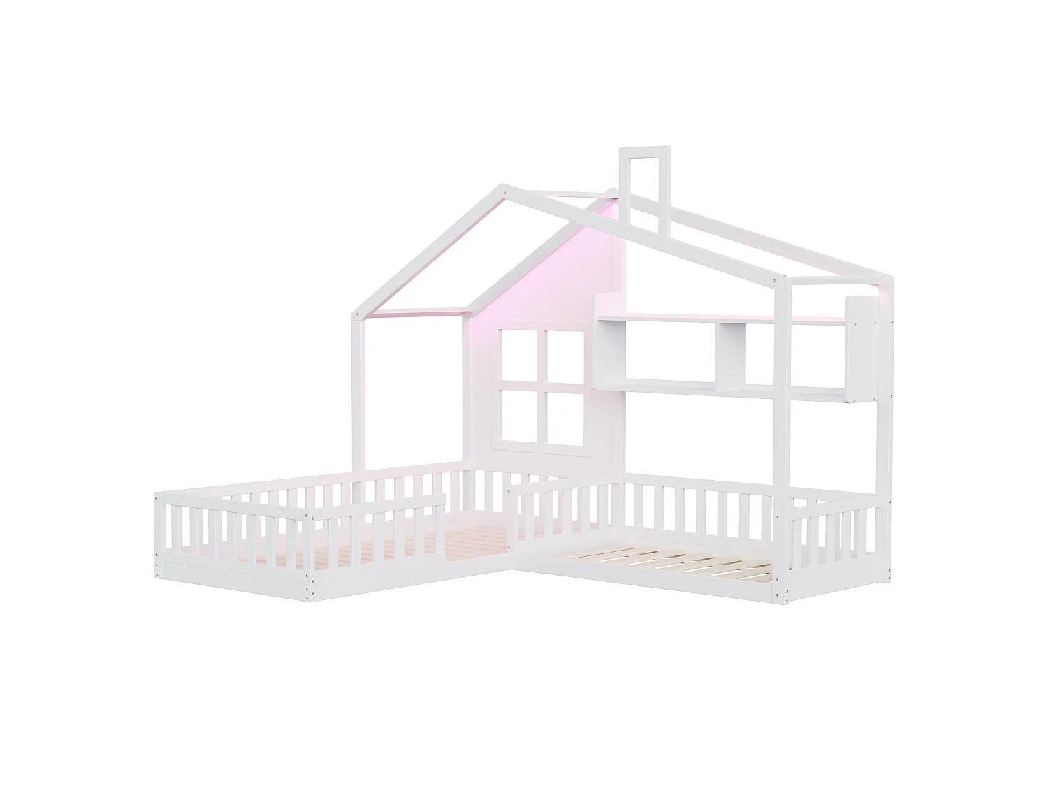 Lit cabane pour enfant 90x200 cm avec LED, étagères et garde-corps de sécurité, en bois, blanc, sans matelas