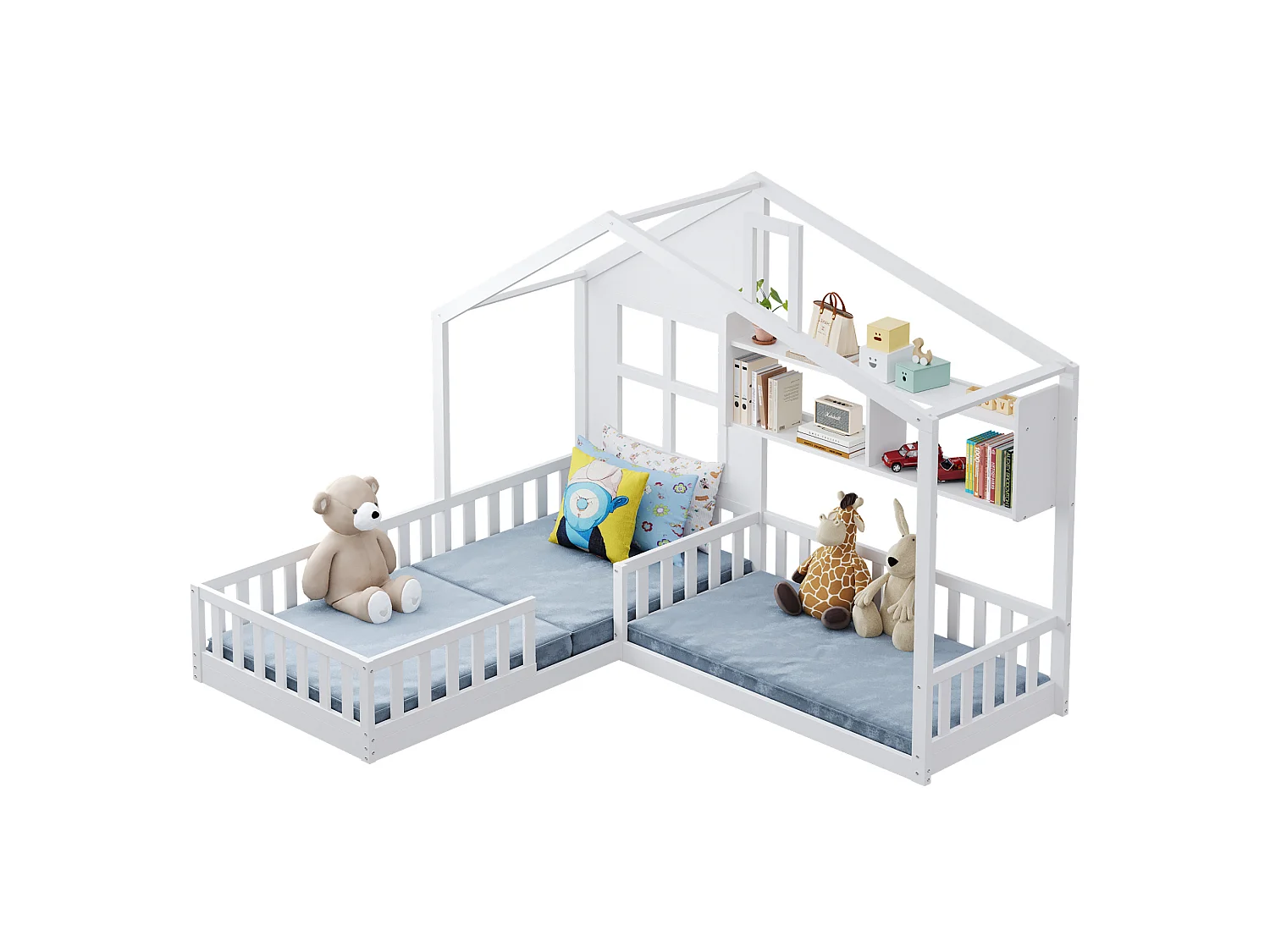 Lit cabane pour enfant 90x200 cm avec LED, étagères et garde-corps de sécurité, en bois, blanc, sans matelas
