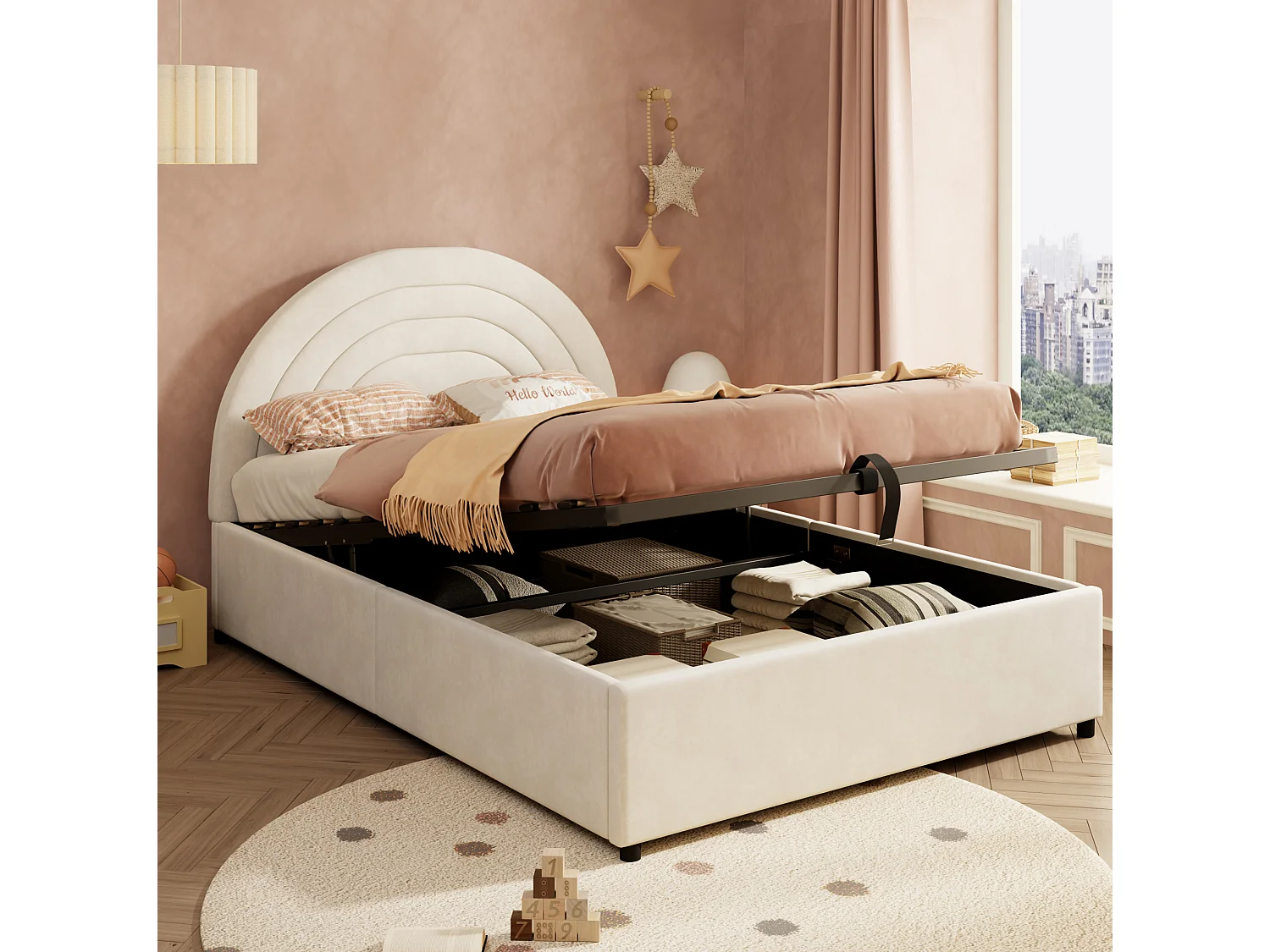 Lit coffre pour enfant 140x200 cm avec rangement hydraulique, tête de lit, en velours, beige, sans matelas