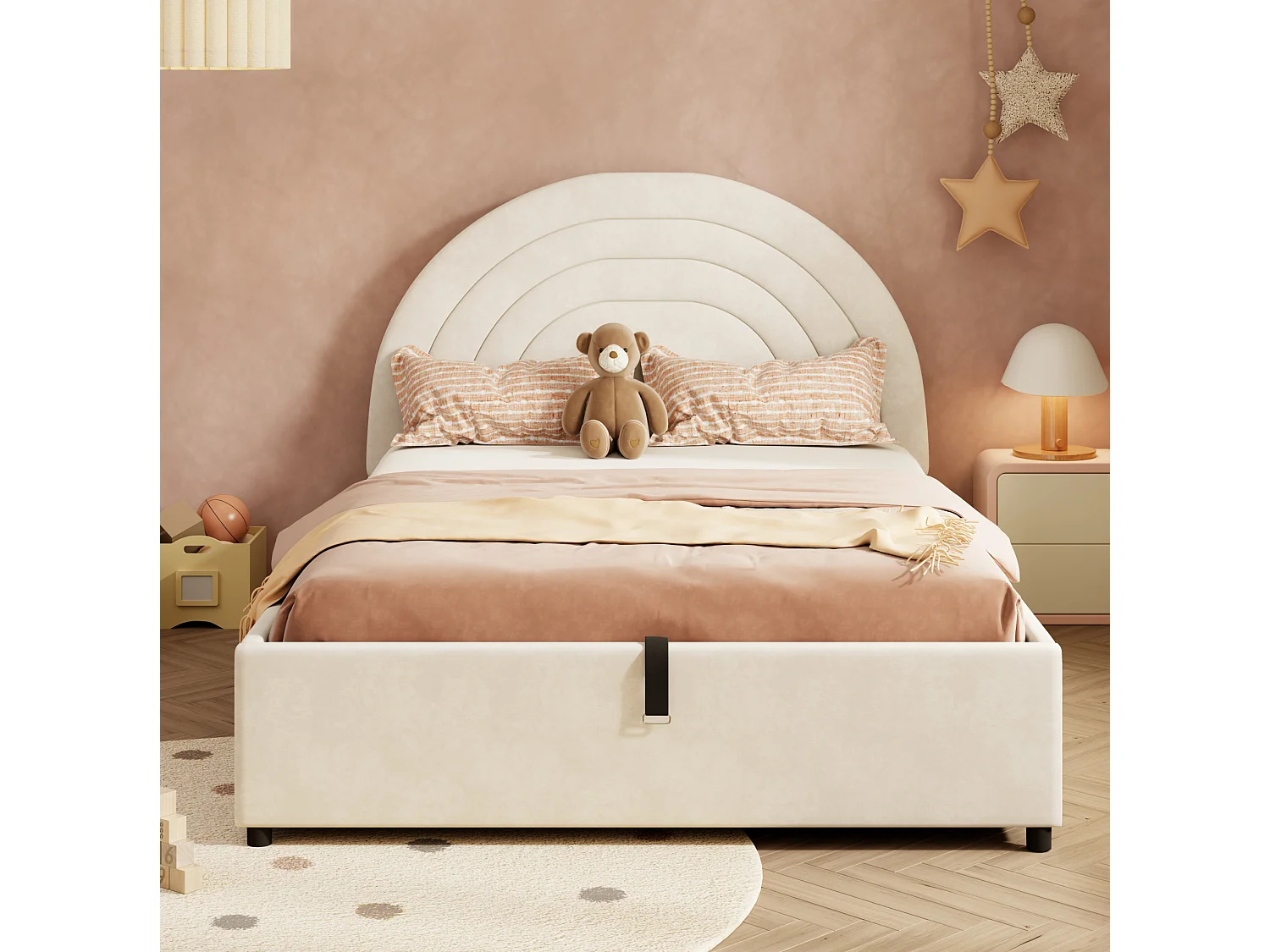 Lit coffre pour enfant 140x200 cm avec rangement hydraulique, tête de lit, en velours, beige, sans matelas