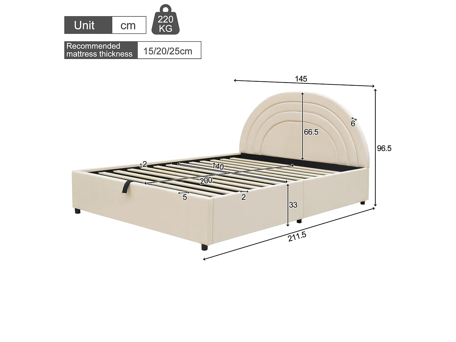 Lit coffre pour enfant 140x200 cm avec rangement hydraulique, tête de lit, en velours, beige, sans matelas
