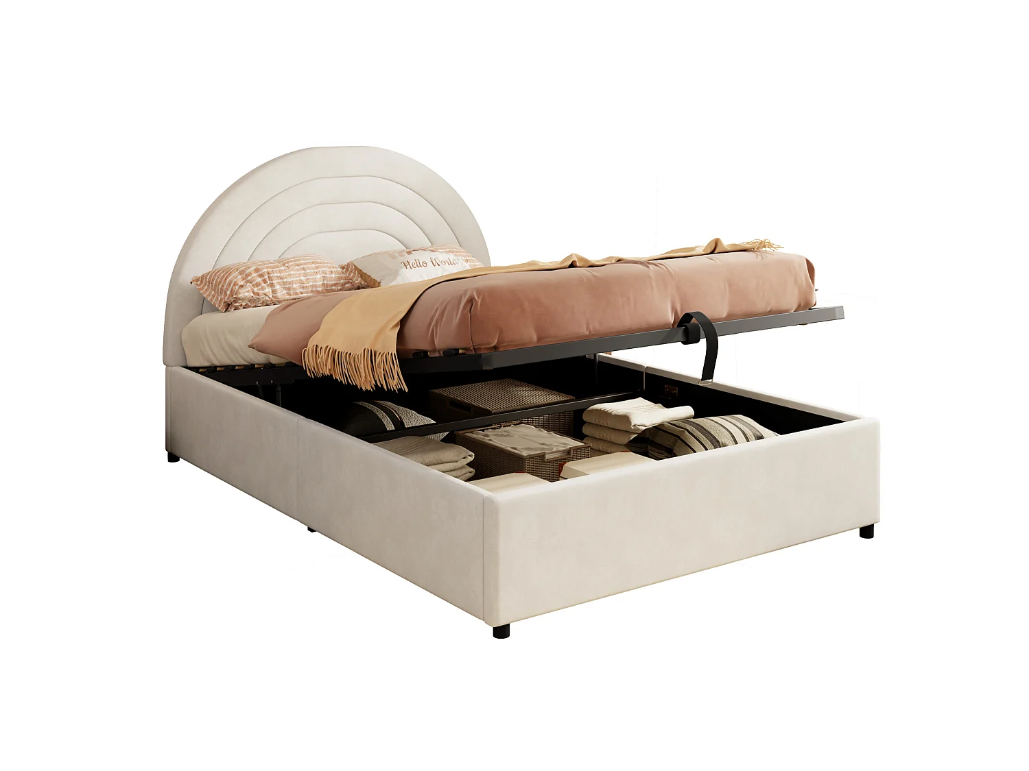 Lit coffre pour enfant 140x200 cm avec rangement hydraulique, tête de lit, en velours, beige, sans matelas