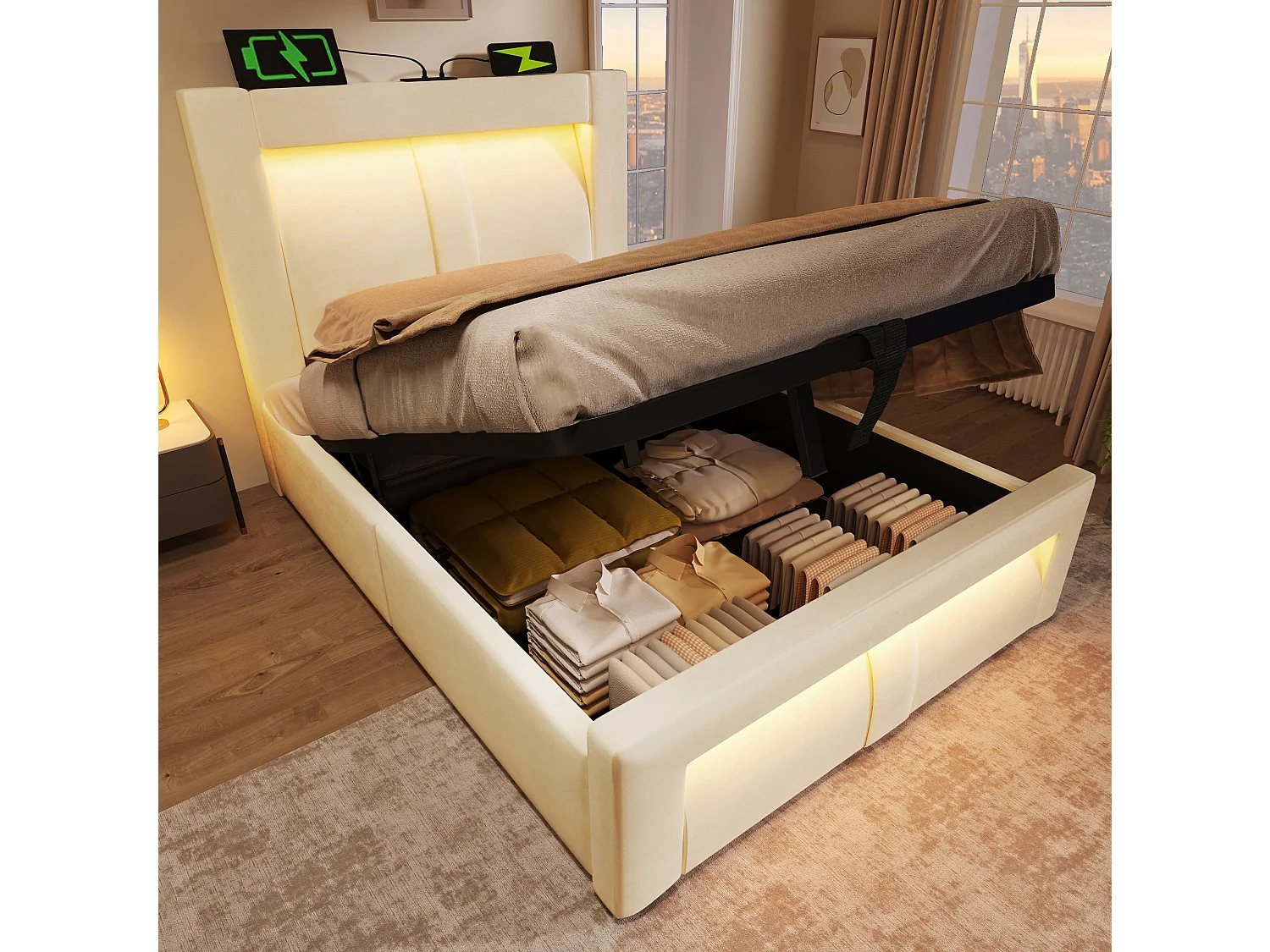 Letto contenitore in velluto 90x200 cm con illuminazione LED, vano contenitore e porte USB e Type-C, Beige, materasso non incluso