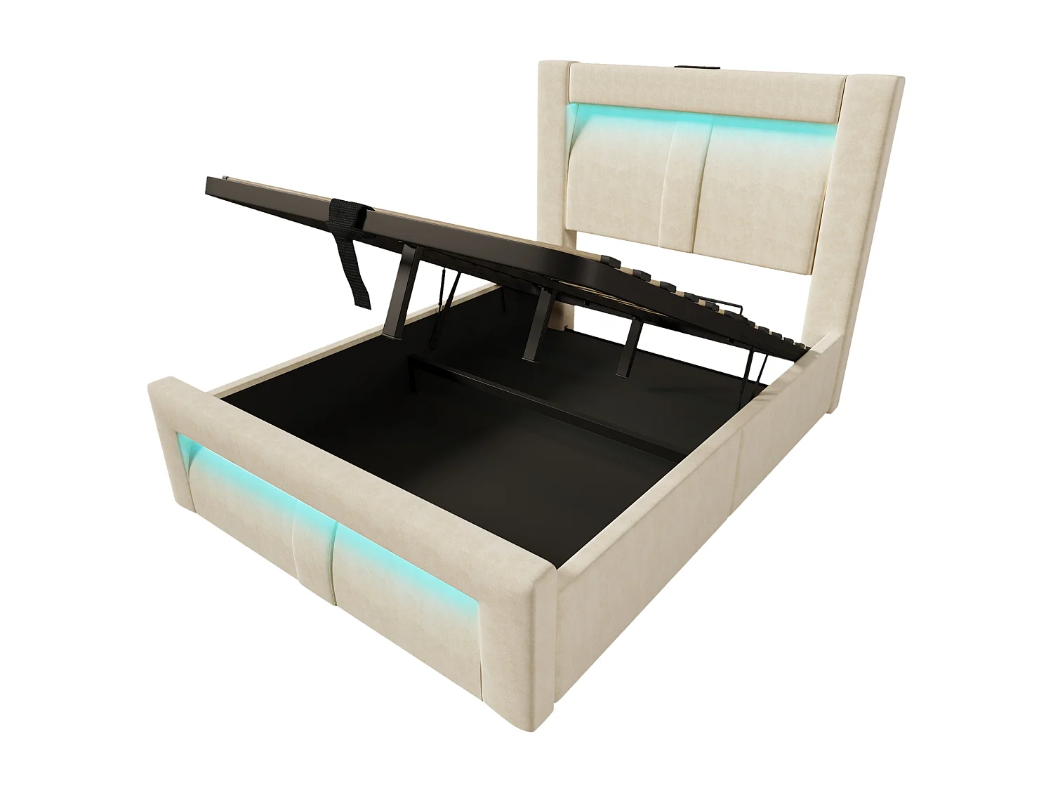 Letto contenitore in velluto 90x200 cm con illuminazione LED, vano contenitore e porte USB e Type-C, Beige, materasso non incluso