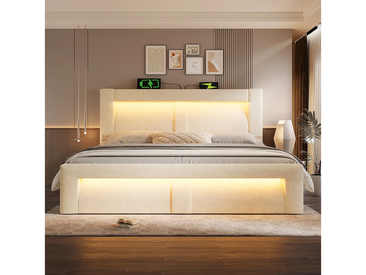 Letto contenitore in velluto 160x200 cm con LED e porte USB e Type-C, beige, materasso incluso
