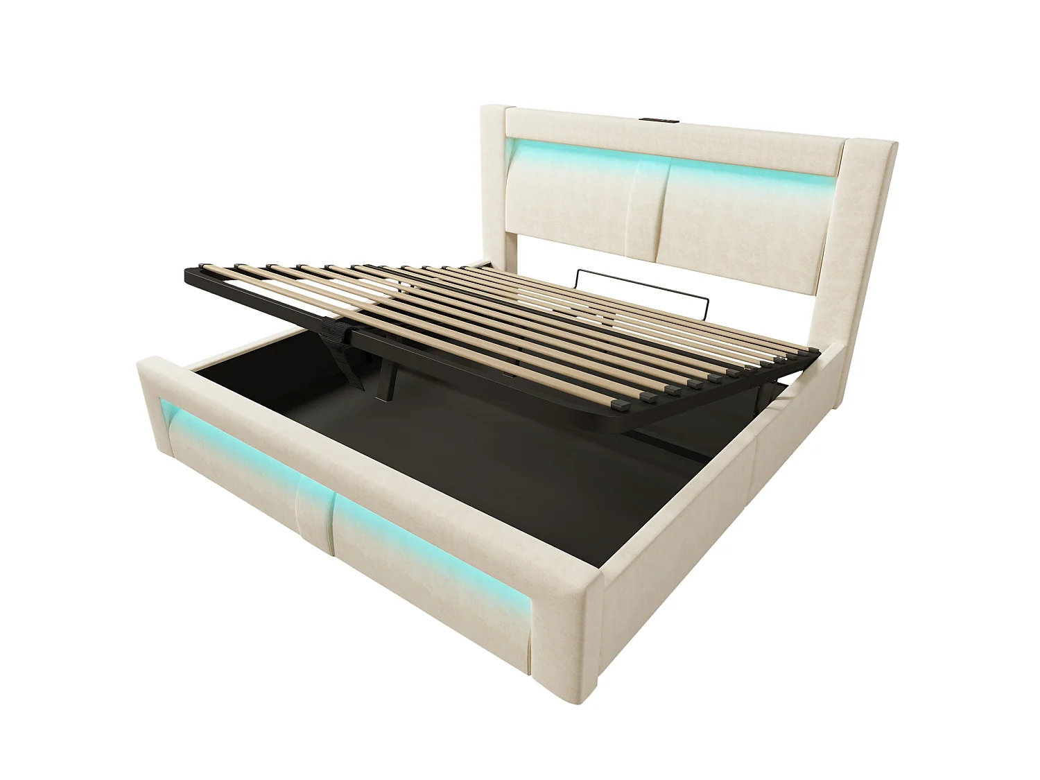 Letto contenitore in velluto 160x200 cm con LED e porte USB e Type-C, beige, materasso incluso