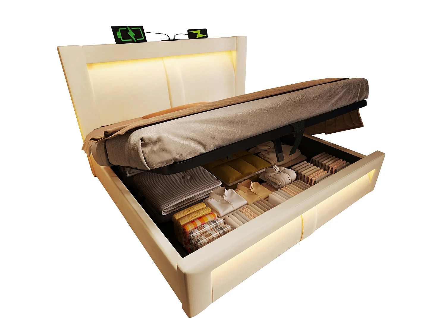 Letto contenitore in velluto 160x200 cm con LED e porte USB e Type-C, beige, materasso incluso