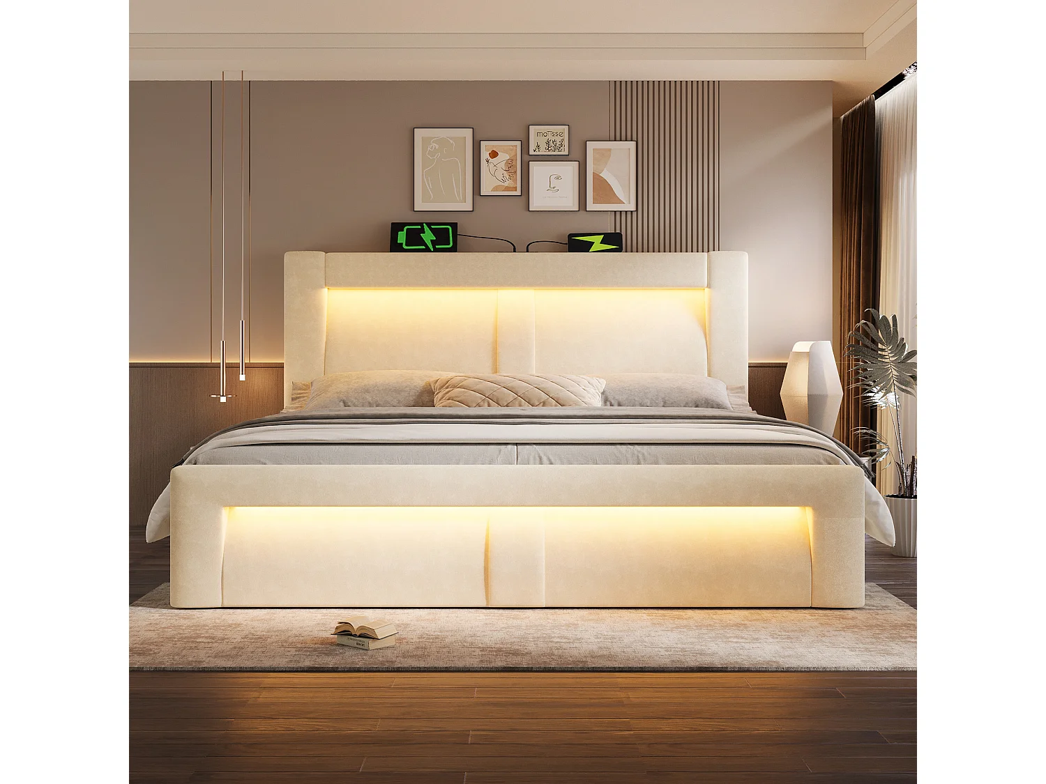 Letto contenitore in velluto 140x200 cm con vano contenitore, LED e porte USB e Type-C, beige, materasso incluso