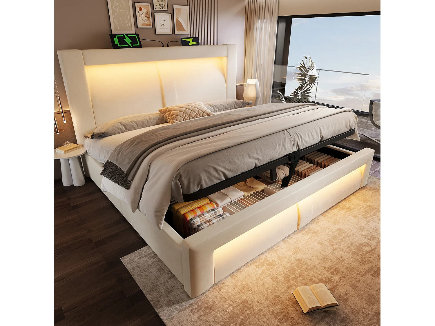 Letto contenitore in velluto 140x200 cm con vano contenitore, LED e porte USB e Type-C, beige, materasso incluso