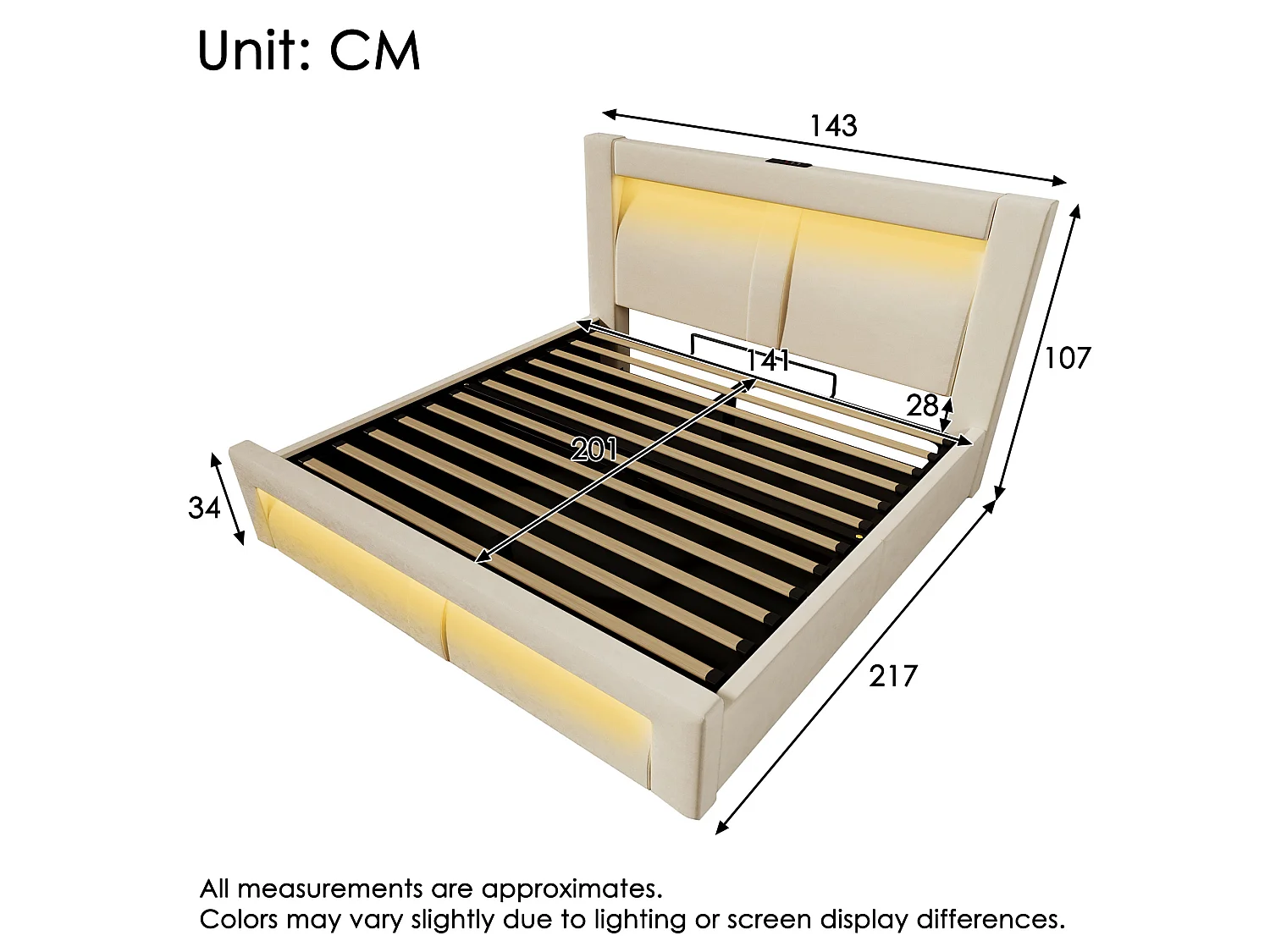 Letto contenitore in velluto 140x200 cm con vano contenitore, LED e porte USB e Type-C, beige, materasso incluso