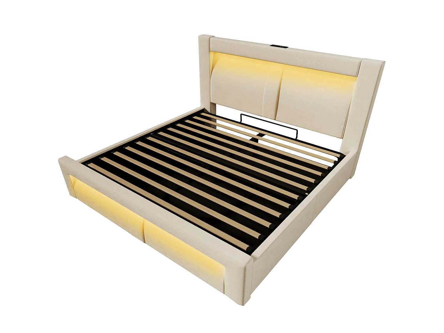 Letto contenitore in velluto 140x200 cm con vano contenitore, LED e porte USB e Type-C, beige, materasso incluso