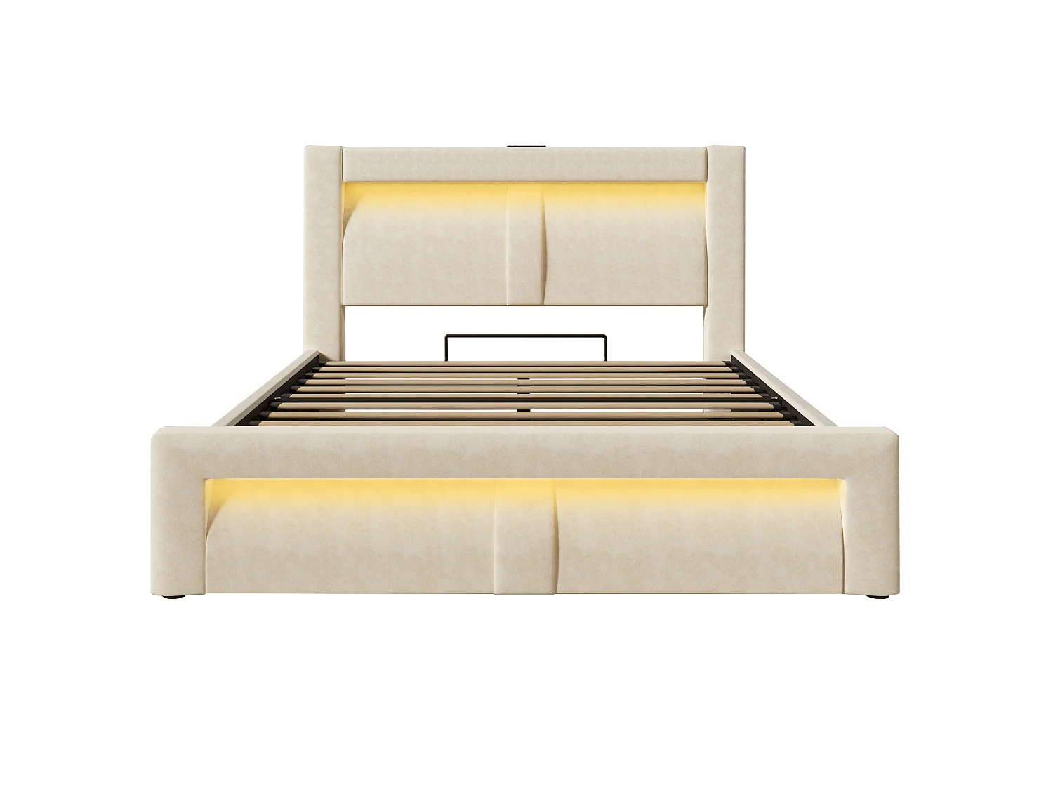 Letto contenitore in velluto 140x200 cm con vano contenitore, LED e porte USB e Type-C, beige, materasso incluso