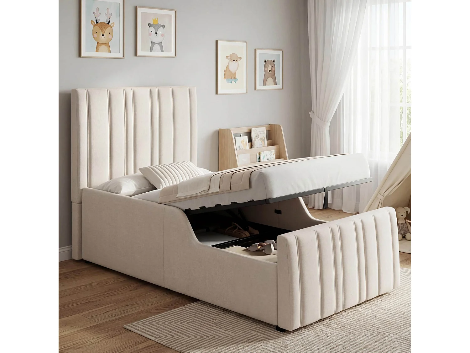 Letto contenitore 90x200 cm con vano contenitore ad apertura idraulica e testiera capitonn茅, in lino beige, materasso non incluso