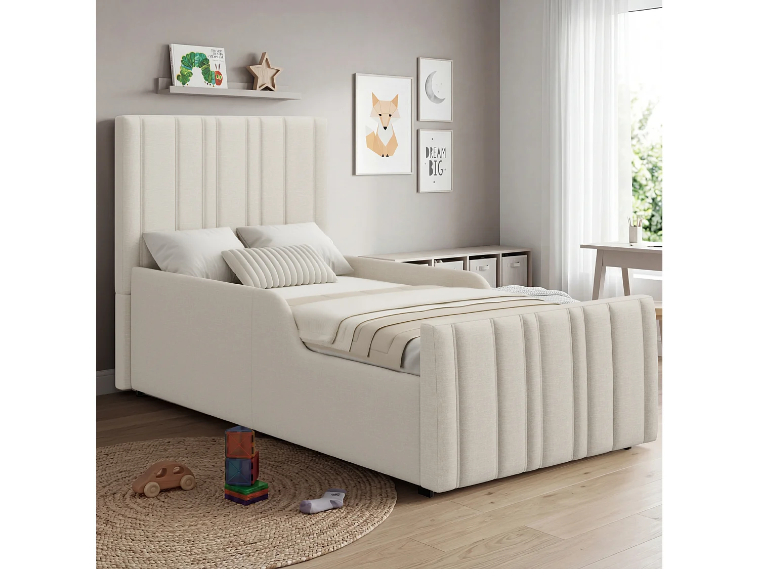 Letto contenitore 90x200 cm con vano contenitore ad apertura idraulica e testiera capitonn茅, in lino beige, materasso non incluso