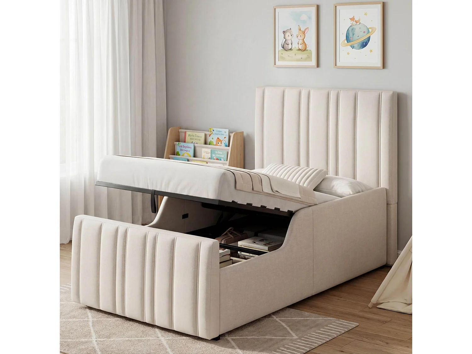 Letto contenitore 90x200 cm con vano contenitore ad apertura idraulica e testiera capitonn茅, in lino beige, materasso non incluso