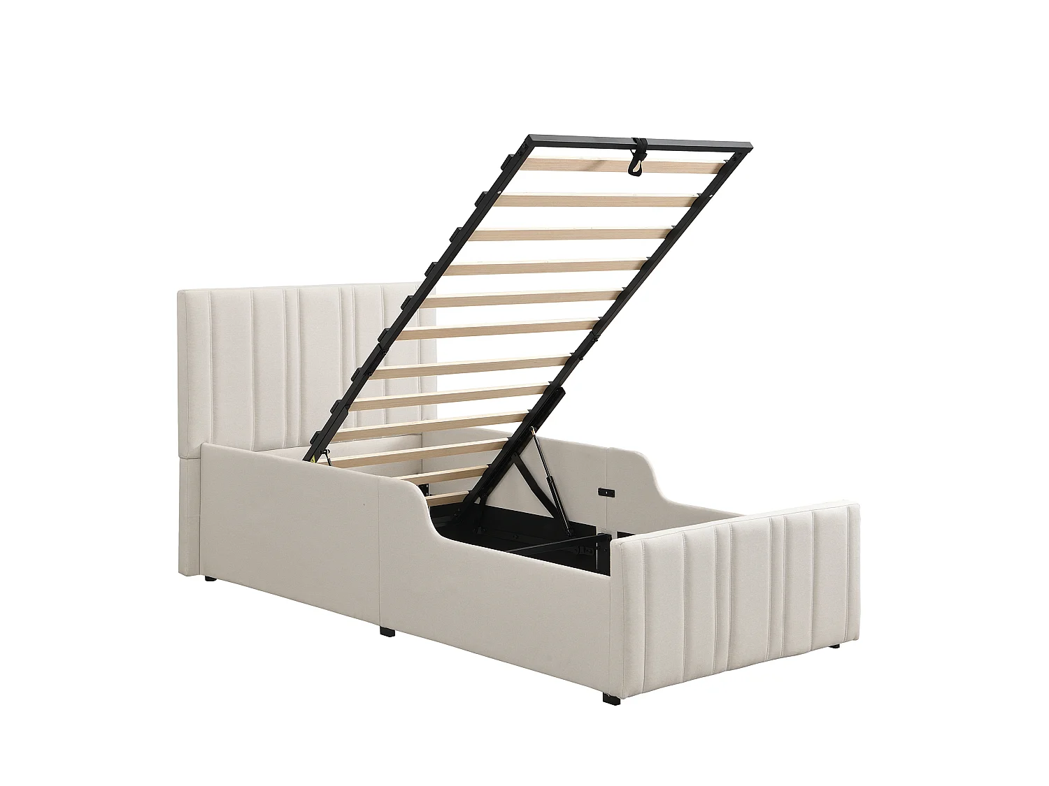 Letto contenitore 90x200 cm con vano contenitore ad apertura idraulica e testiera capitonn茅, in lino beige, materasso non incluso