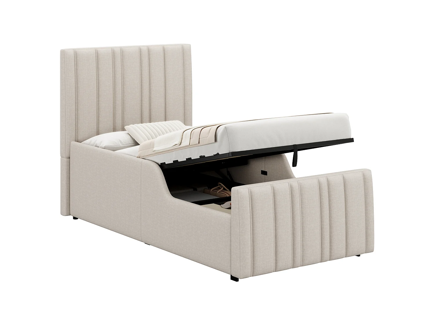 Letto contenitore 90x200 cm con vano contenitore ad apertura idraulica e testiera capitonn茅, in lino beige, materasso non incluso