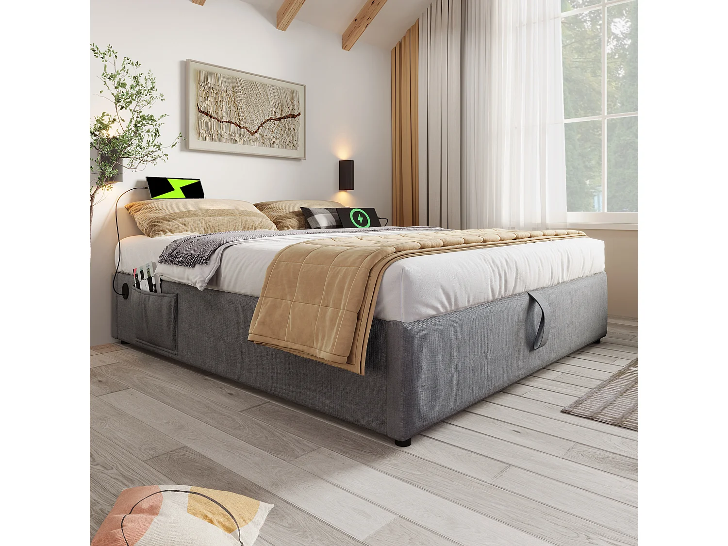Letto contenitore 160x200 cm con spazio di archiviazione, porte USB e Type-C, senza testiera, in lino grigio, materasso non incluso