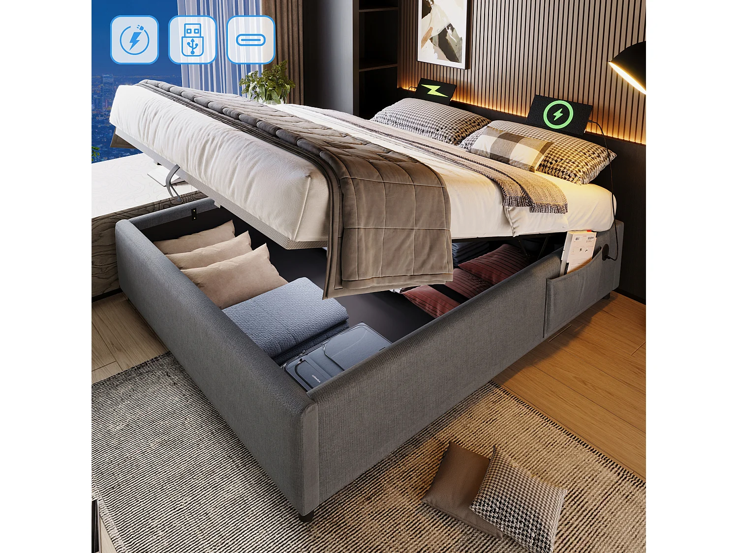 Letto contenitore 160x200 cm con spazio di archiviazione, porte USB e Type-C, senza testiera, in lino grigio, materasso non incluso