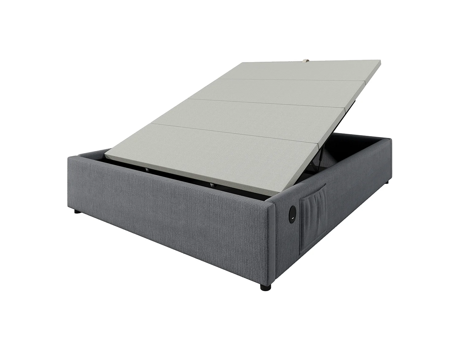 Letto contenitore 160x200 cm con spazio di archiviazione, porte USB e Type-C, senza testiera, in lino grigio, materasso non incluso
