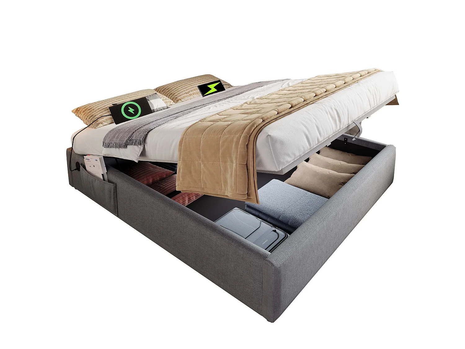 Letto contenitore 160x200 cm con spazio di archiviazione, porte USB e Type-C, senza testiera, in lino grigio, materasso non incluso