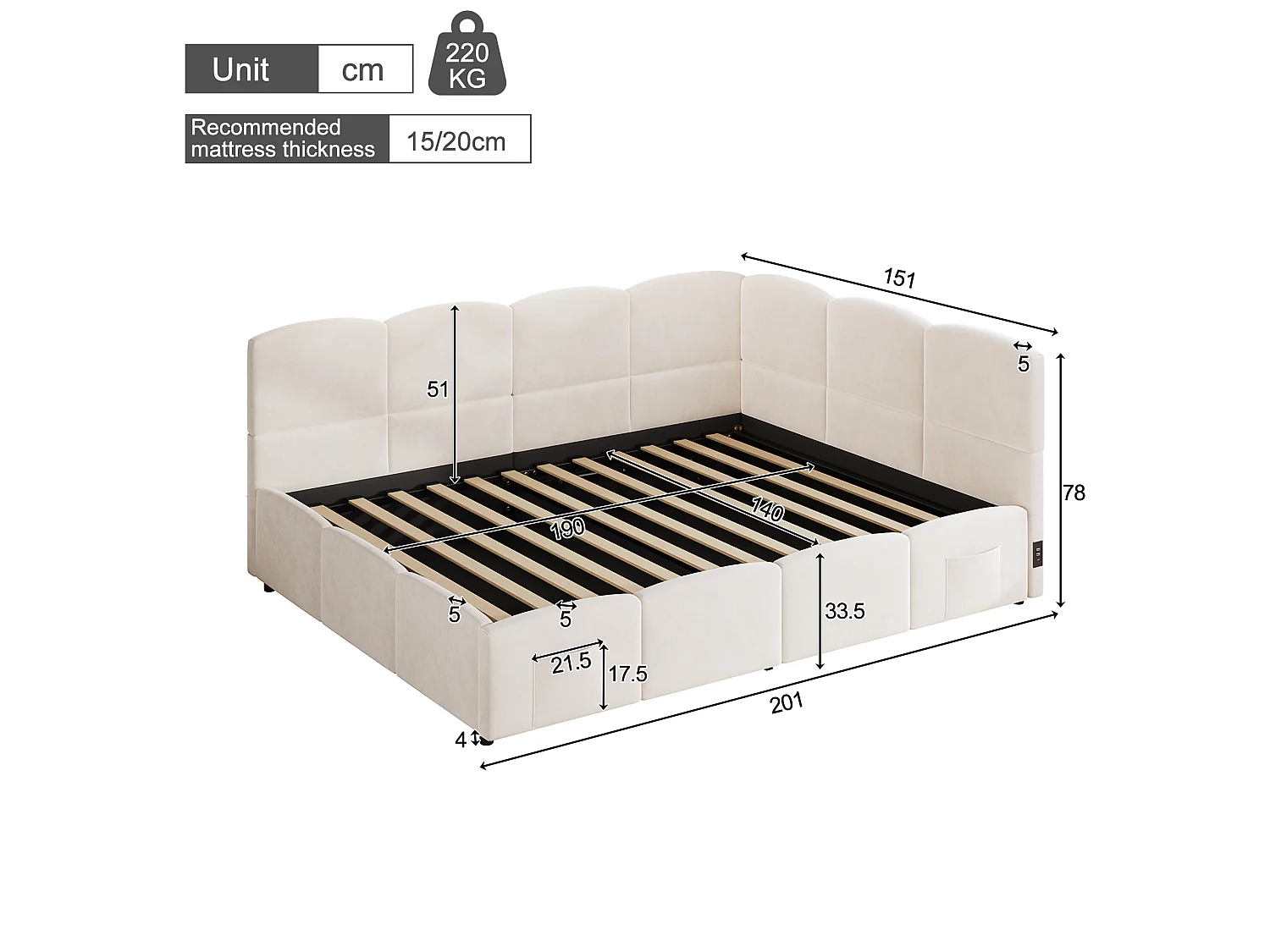Lit coffre 140x190 cm avec rangement hydraulique, ports USB et Type-C, en velours, beige, sans matelas