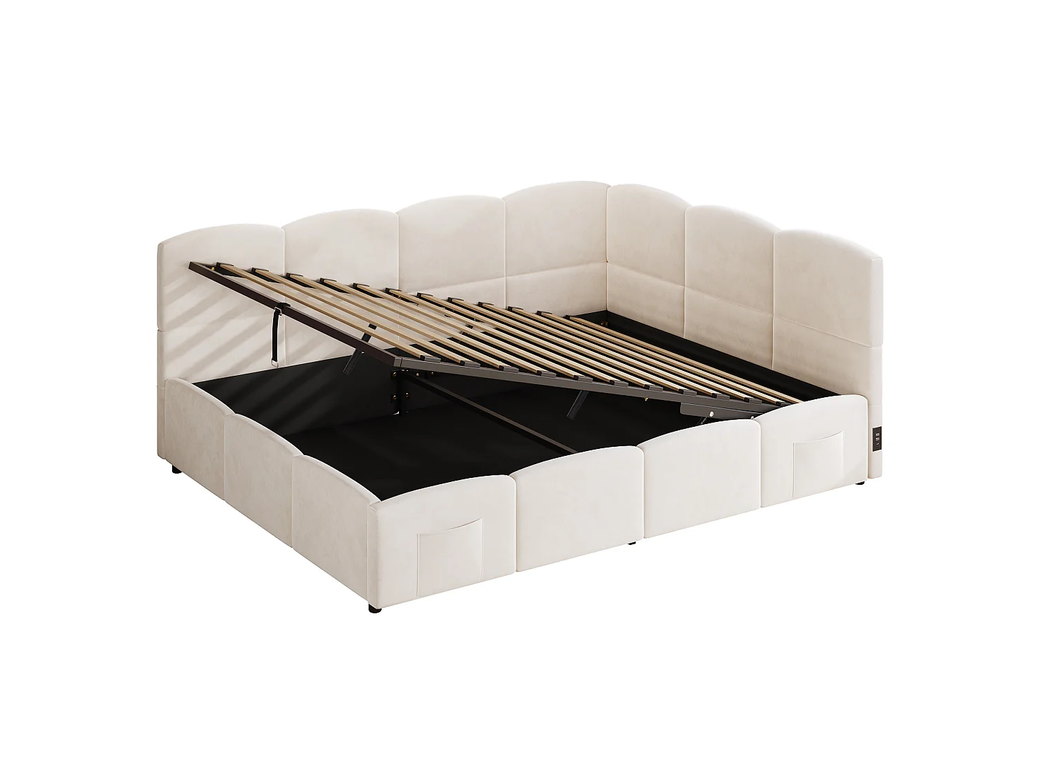 Lit coffre 140x190 cm avec rangement hydraulique, ports USB et Type-C, en velours, beige, sans matelas