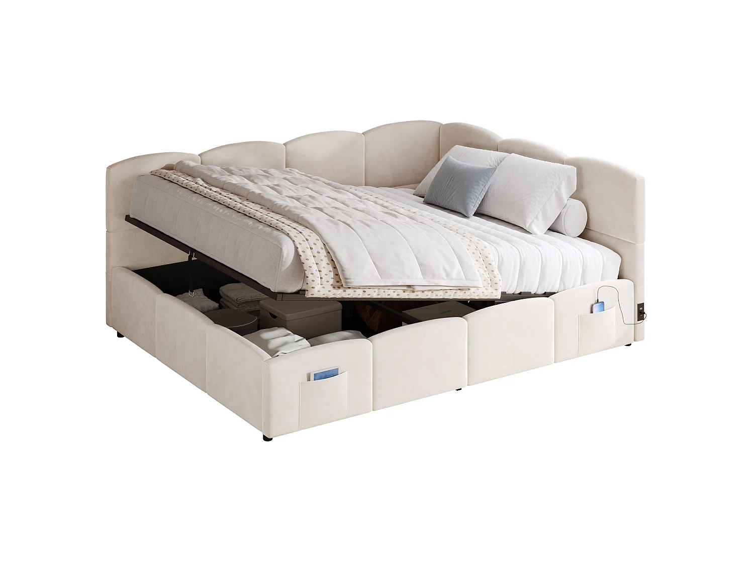 Lit coffre 140x190 cm avec rangement hydraulique, ports USB et Type-C, en velours, beige, sans matelas