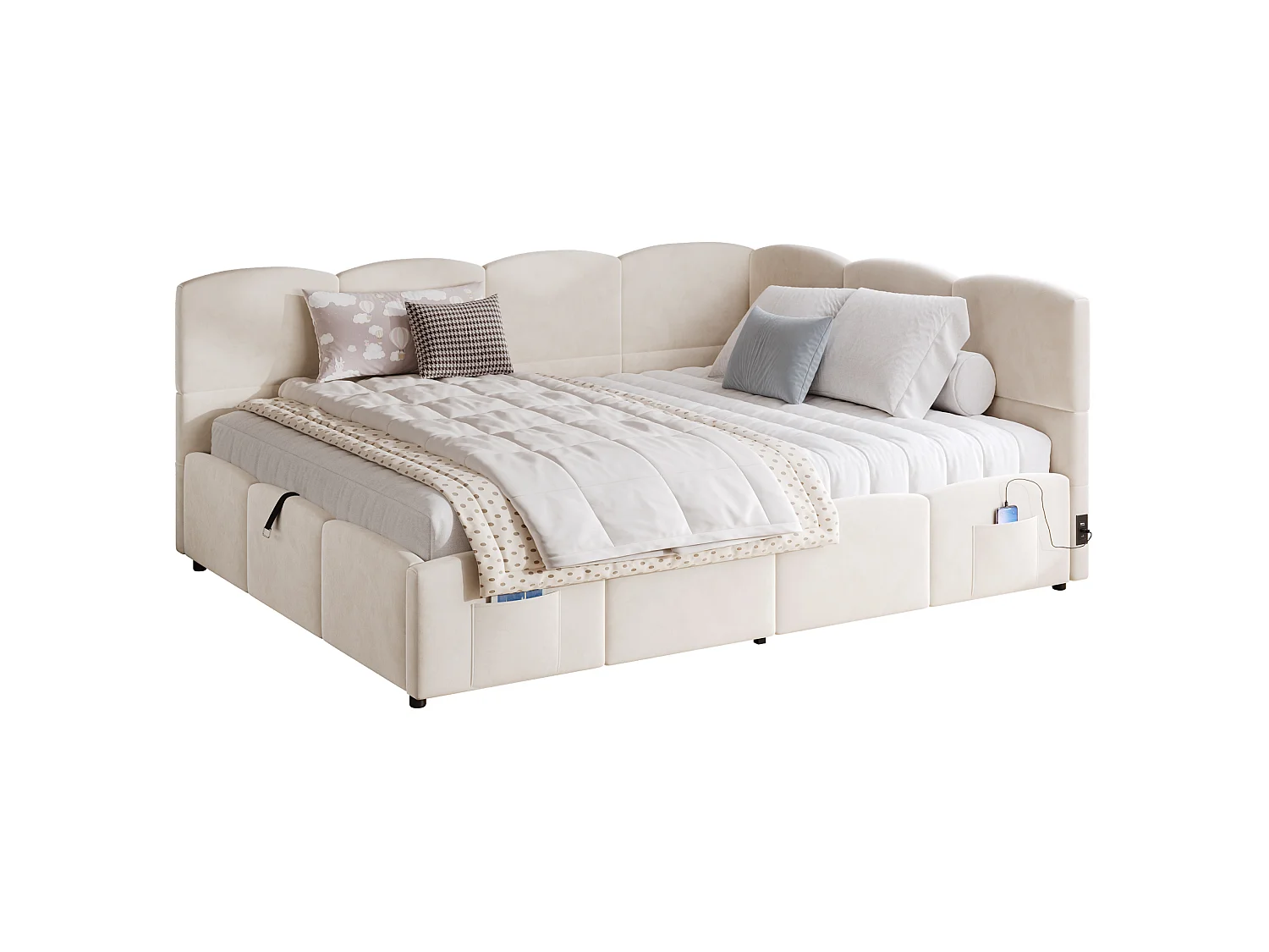 Lit coffre 140x190 cm avec rangement hydraulique, ports USB et Type-C, en velours, beige, sans matelas