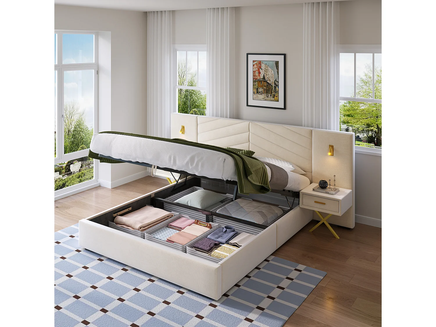 Cama con almacenamiento 160x200 cm con 2 mesitas de noche, LED y somier ajustable, madera en beige y blanco, colchón no incluido