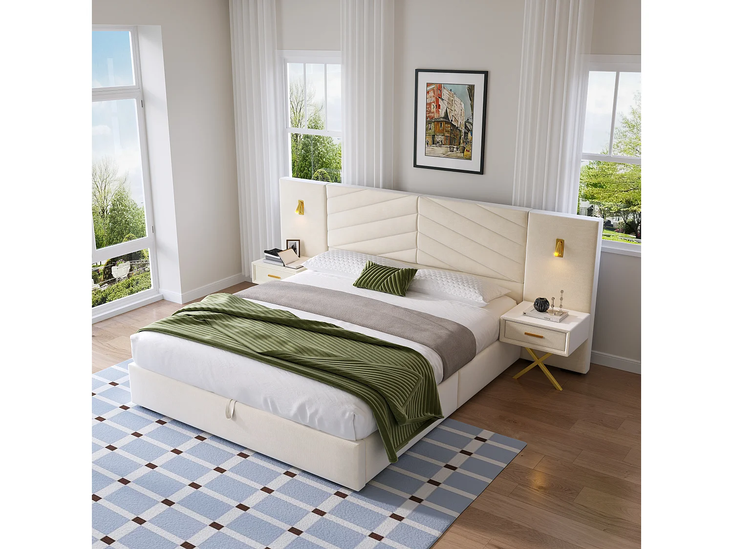 Cama con almacenamiento 160x200 cm con 2 mesitas de noche, LED y somier ajustable, madera en beige y blanco, colchón no incluido