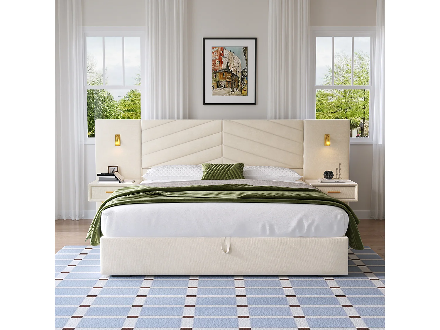 Cama con almacenamiento 160x200 cm con 2 mesitas de noche, LED y somier ajustable, madera en beige y blanco, colchón no incluido
