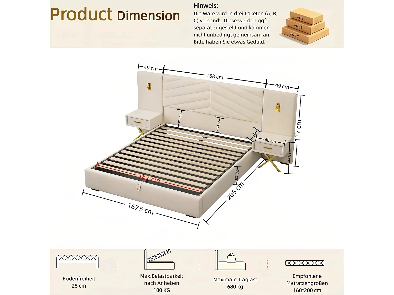 Cama con almacenamiento 160x200 cm con 2 mesitas de noche, LED y somier ajustable, madera en beige y blanco, colchón no incluido